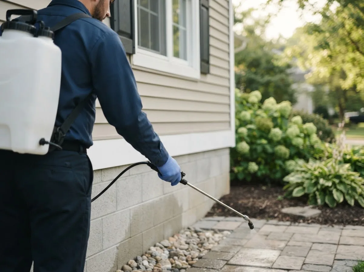 Pest control technician inspecting a home in Walworth, NY
